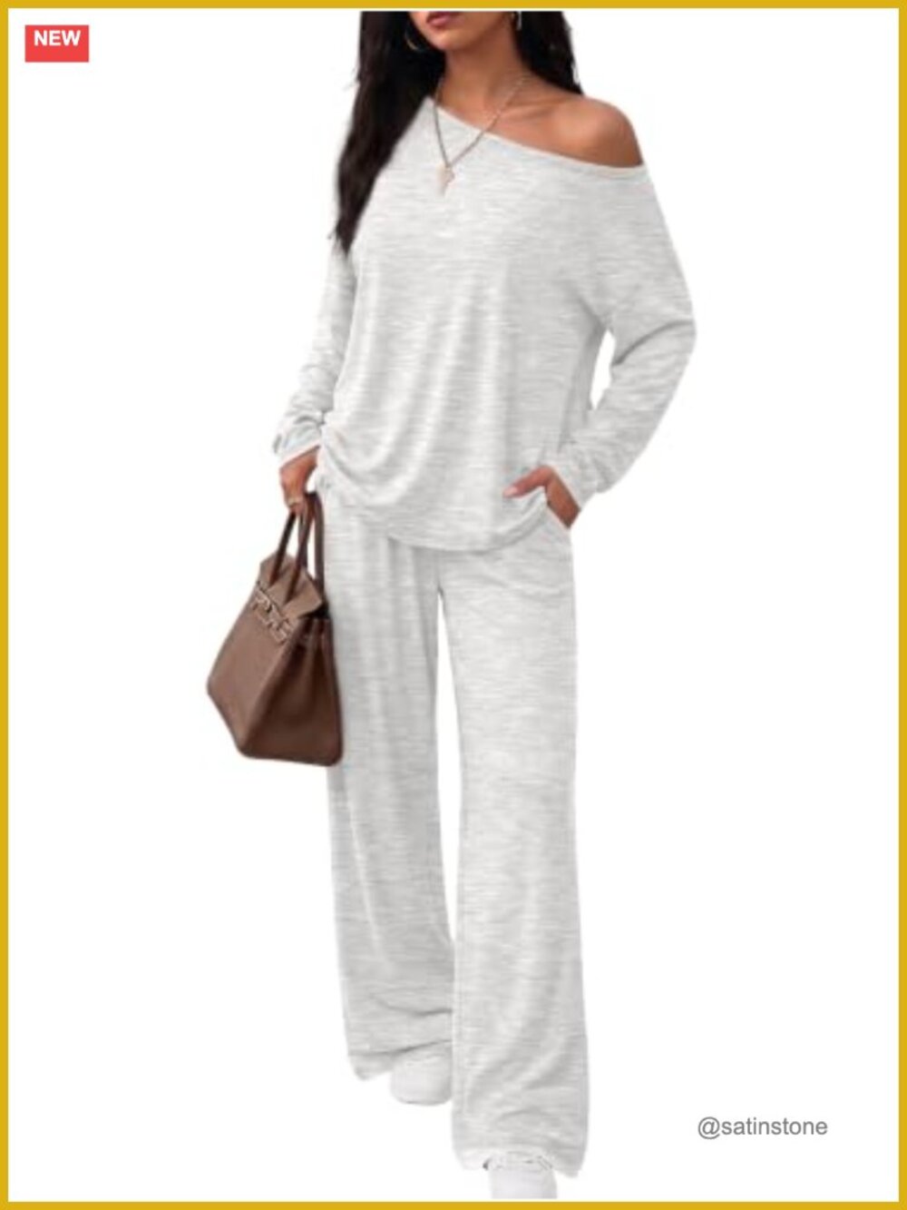 2 Piece Lounge Set Off Shoulder Oversized Top Wide Leg Pants Pockets